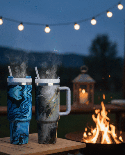 Marble Swirl Double Wall Insulated Stainless Steel Tumbler - Hot & Cold Travel Cup with Handle & Straw"(1200mL)