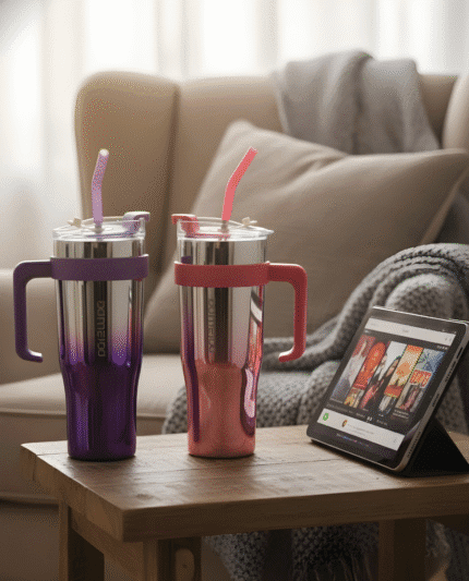 DOMEIDA Insulated Stainless Steel Tumbler with Handle & Straw - Hot & Cold Travel 1180mL.