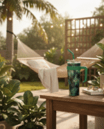 Tropical Palm Leaf Double Wall Insulated Stainless Steel Tumbler - Hot & Cold Travel Cup with Handle & Straw" 1180mL