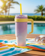 DOMEIDO 1180mL (or actual size) Ribbed Gradient Stainless Steel Insulated Tumbler with Handle & Straw - Hot & Cold Travel Mug