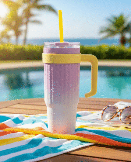 DOMEIDO 1180mL (or actual size) Ribbed Gradient Stainless Steel Insulated Tumbler with Handle & Straw - Hot & Cold Travel Mug